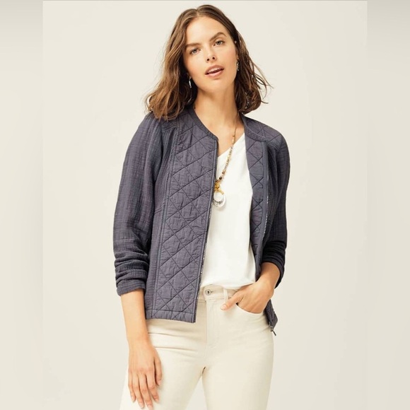 J. Jill Women's Quilted Jacket M Petite Gray Mixed Media Cotton LIghtweight - Picture 1 of 4